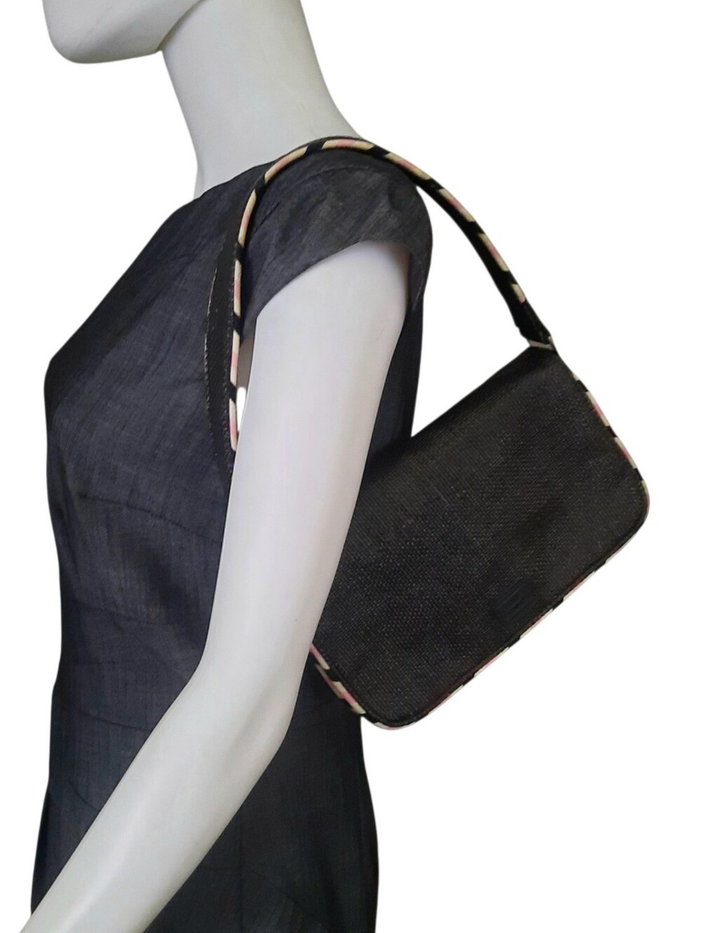 LULU GUINNESS Black Straw Shoulder Bag w/Flap Front & Striped Cotton Piping
